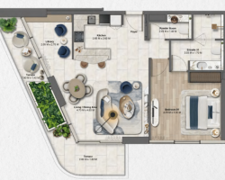 1-bedroom apartment floor plan at Soulever by Beyond in Dubai Maritime City showing open living layout, bedroom, kitchen, and balcony design