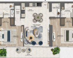2-bedroom apartment floor plan at Soulever by Beyond Dubai Maritime City featuring spacious living area, two bedrooms, kitchen, and waterfront balcony layout