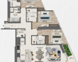 3-bedroom apartment floor plan at Soulever by Beyond with large living space, en-suite bedrooms, dining area, and panoramic waterfront layout in Dubai Maritime City